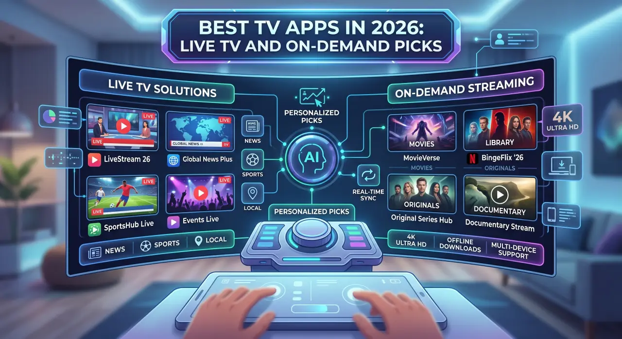 TV screen displaying a grid of streaming app icons