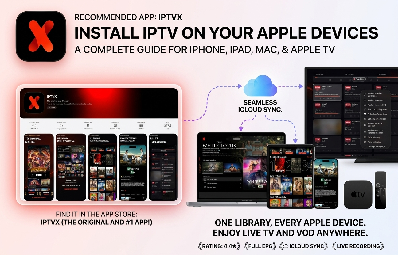 IPTVX running on an iPhone, iPad, and Apple TV