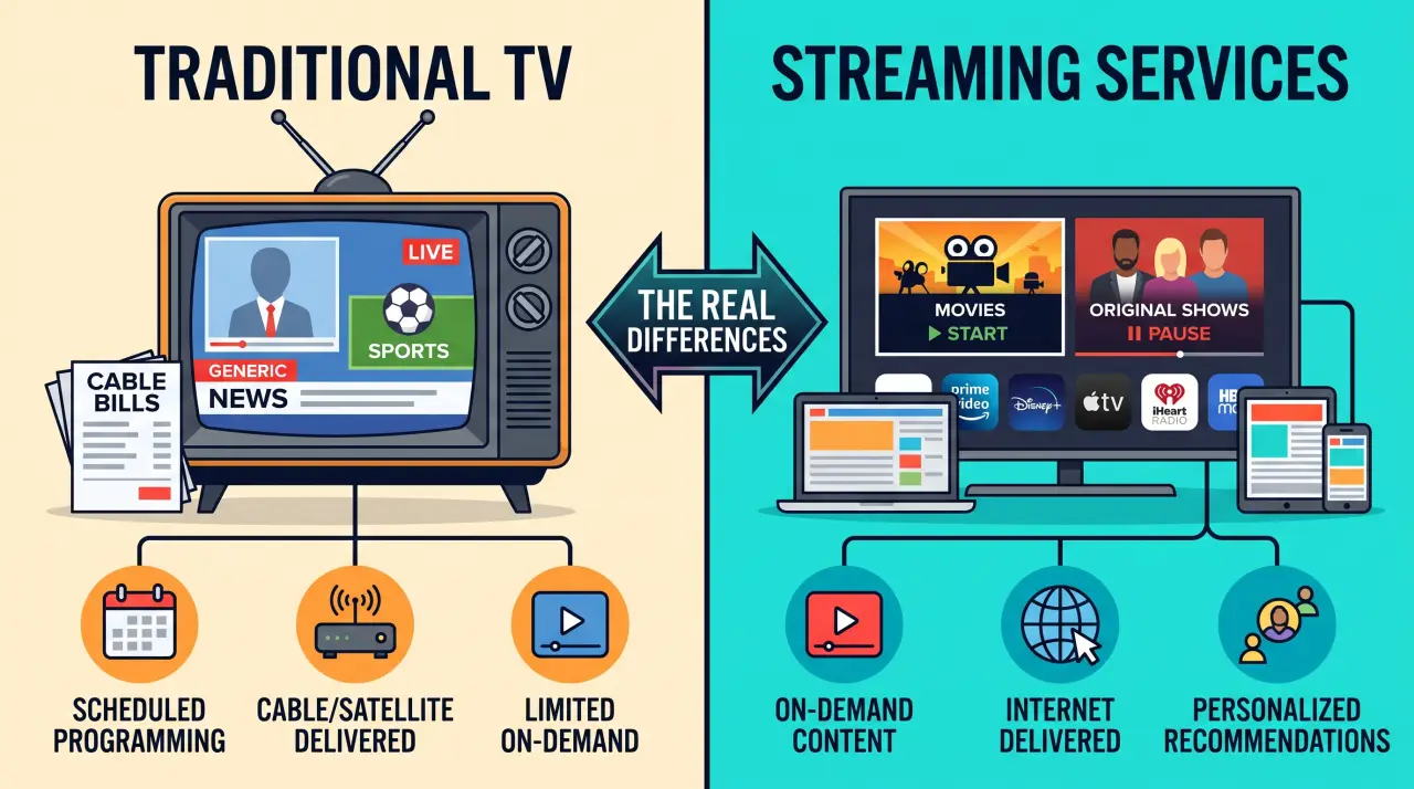 Split comparison of traditional cable TV and a streaming service interface