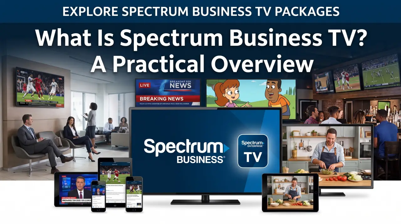 TV screen in a commercial space showing Spectrum Business TV programming