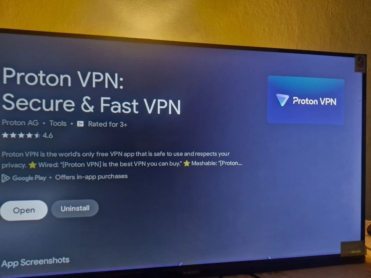 Proton VPN listing in the Google Play Store on an Android TV