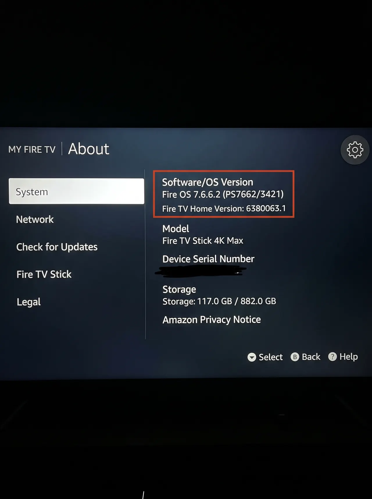Fire TV About settings screen showing Software/OS Version as Fire OS 7.6.6.2