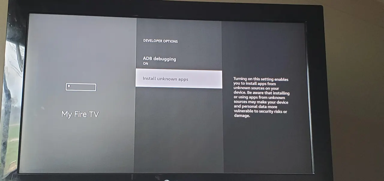 Fire TV Developer Options menu with Install unknown apps highlighted